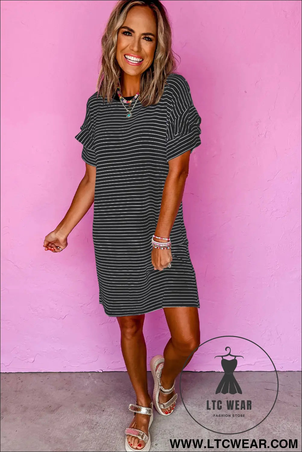 Black Stripe Ruffled Short Sleeve Crew Neck T Shirt Shift Mini Dress - L.T.C Wear Online Fashion Store