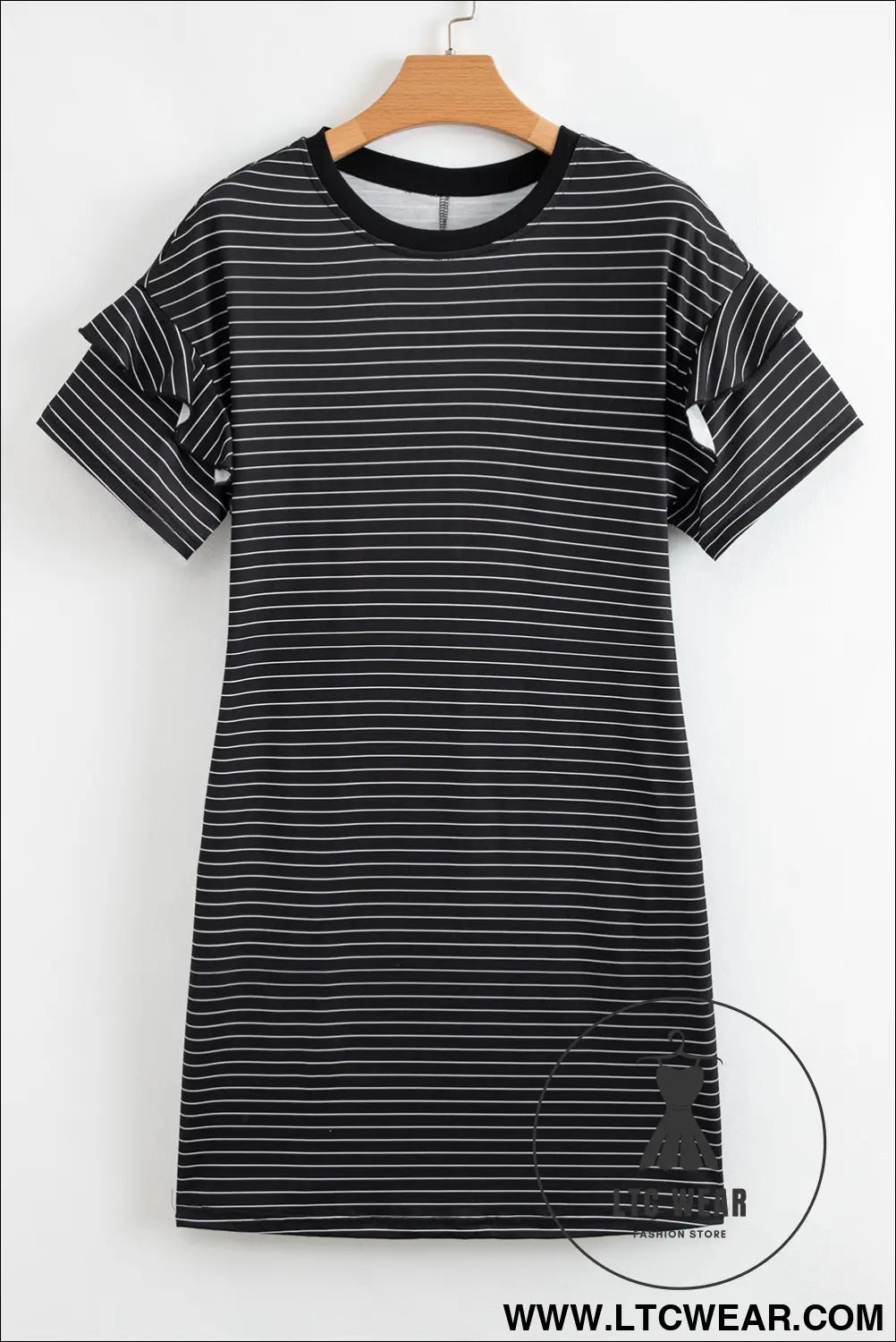 Black Stripe Ruffled Short Sleeve Crew Neck T Shirt Shift Mini Dress - L.T.C Wear Online Fashion Store