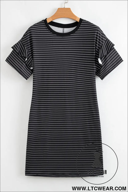 Black Stripe Ruffled Short Sleeve Crew Neck T Shirt Shift Mini Dress - L.T.C Wear Online Fashion Store