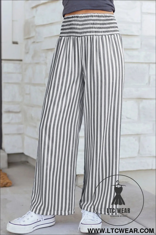 Black Stripe Shirred High Waist Loose Summer Pants
