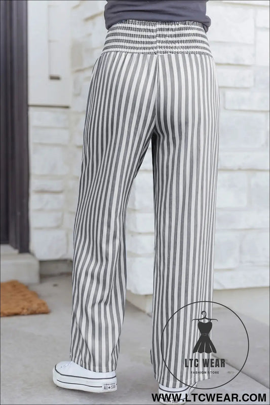 Black Stripe Shirred High Waist Loose Summer Pants