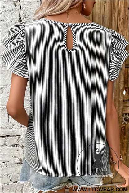 Black Stripe Striped Ruffle Sleeve Short Sleeve Round Neck Casual Shift Blouse