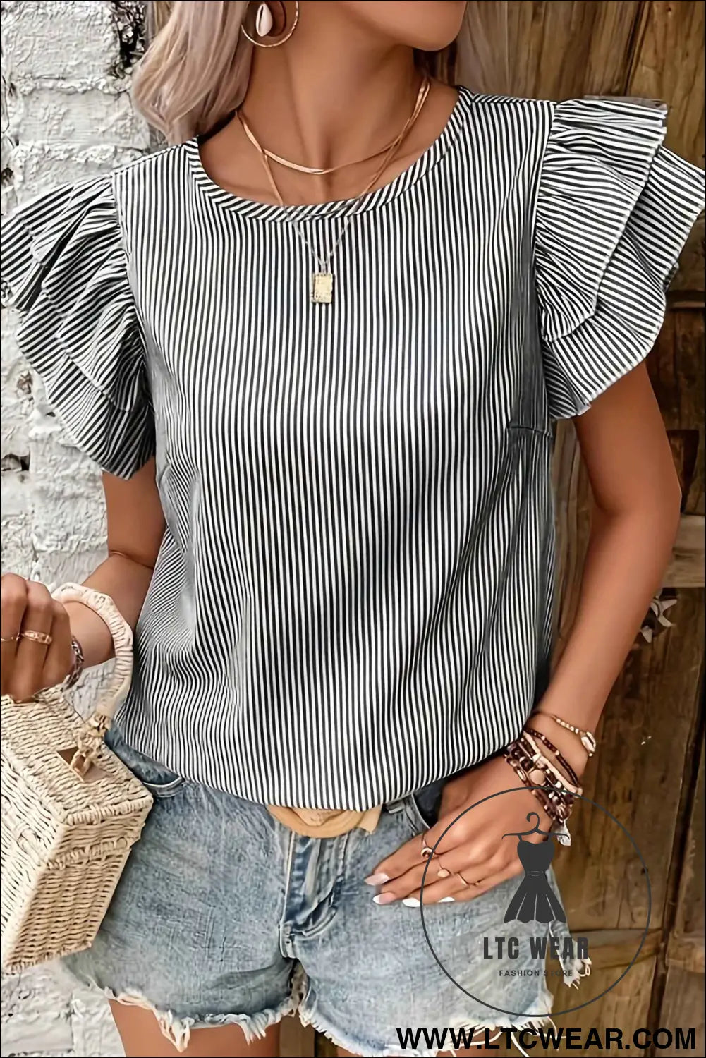 Black Stripe Striped Ruffle Sleeve Short Sleeve Round Neck Casual Shift Blouse