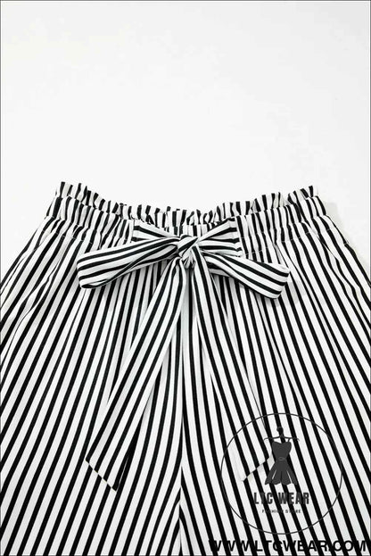 Black Striped Frill Knot Waist Decor Pants