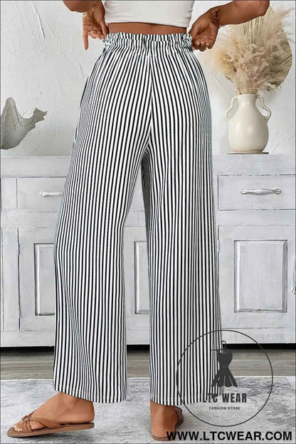 Black Striped Frill Knot Waist Decor Pants