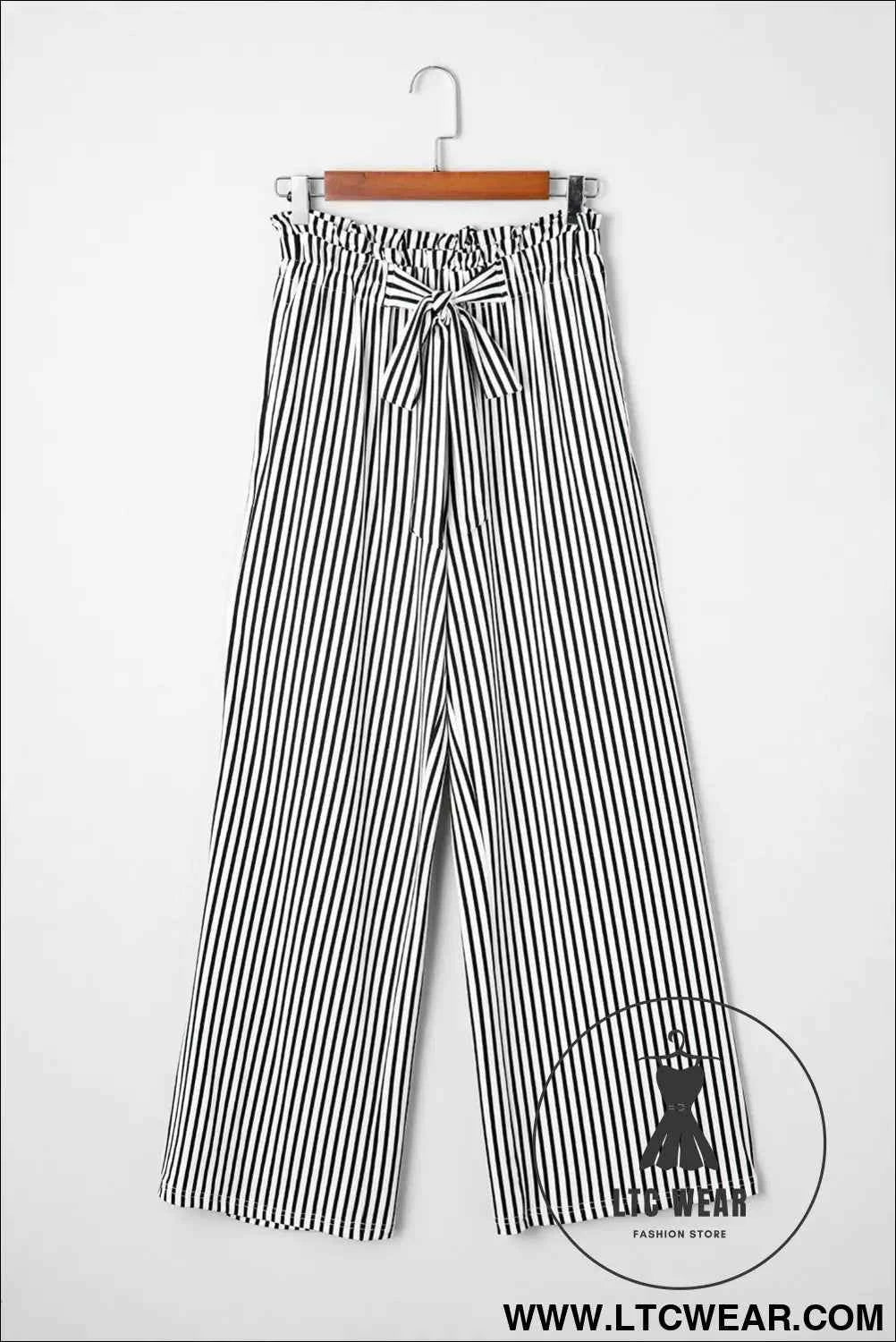 Black Striped Frill Knot Waist Decor Pants