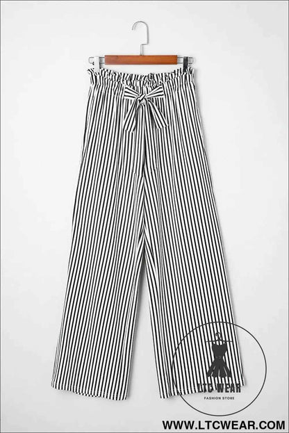 Black Striped Frill Knot Waist Decor Pants