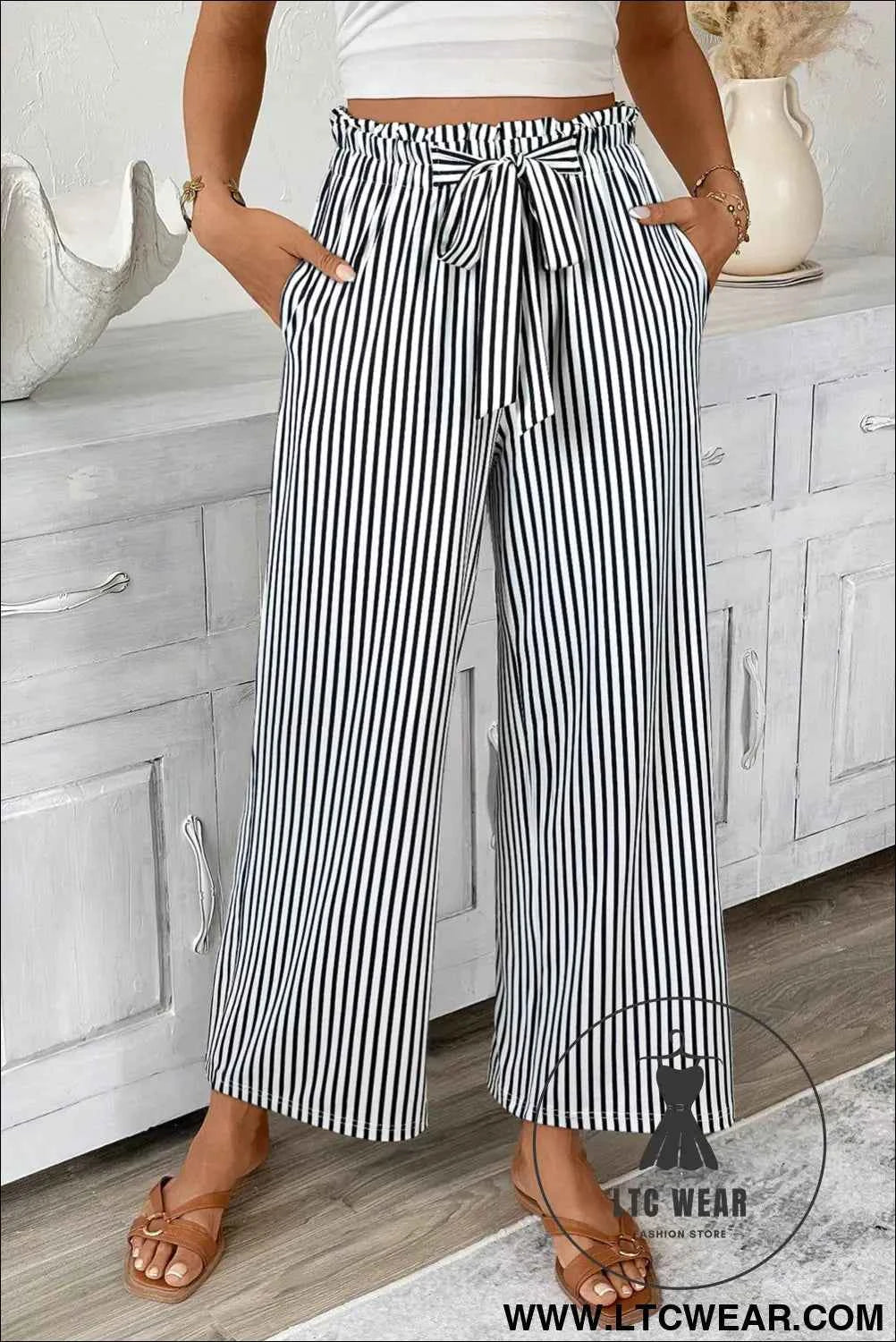 Black Striped Frill Knot Waist Decor Pants