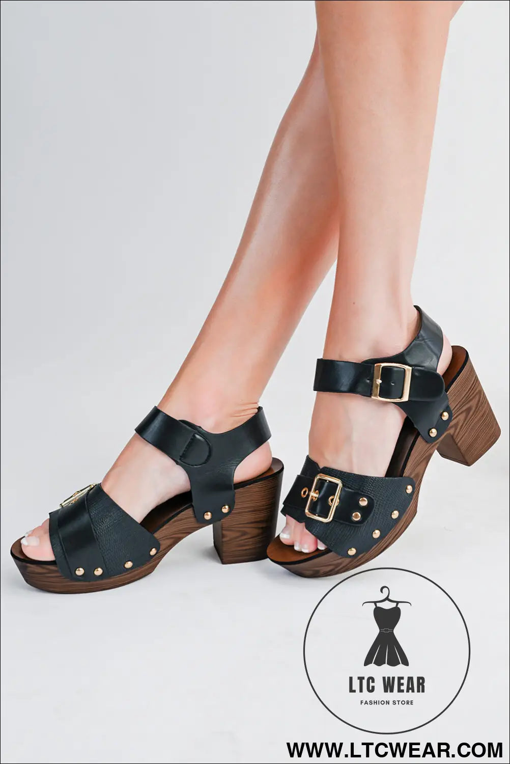 Black studded platform chunky heel sandals - sandals