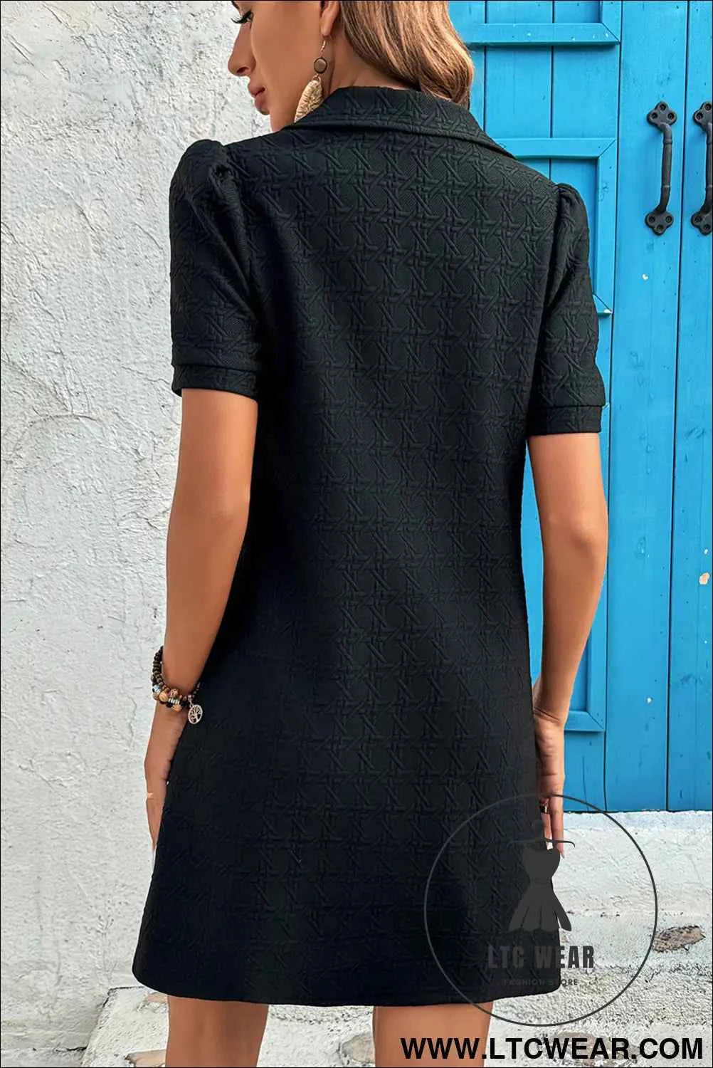Black Textured Zipped Collar T Shirt Dress