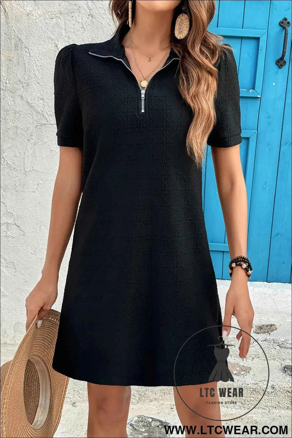 Black Textured Zipped Collar T Shirt Dress