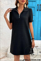 Black Textured Zipped Collar T Shirt Dress