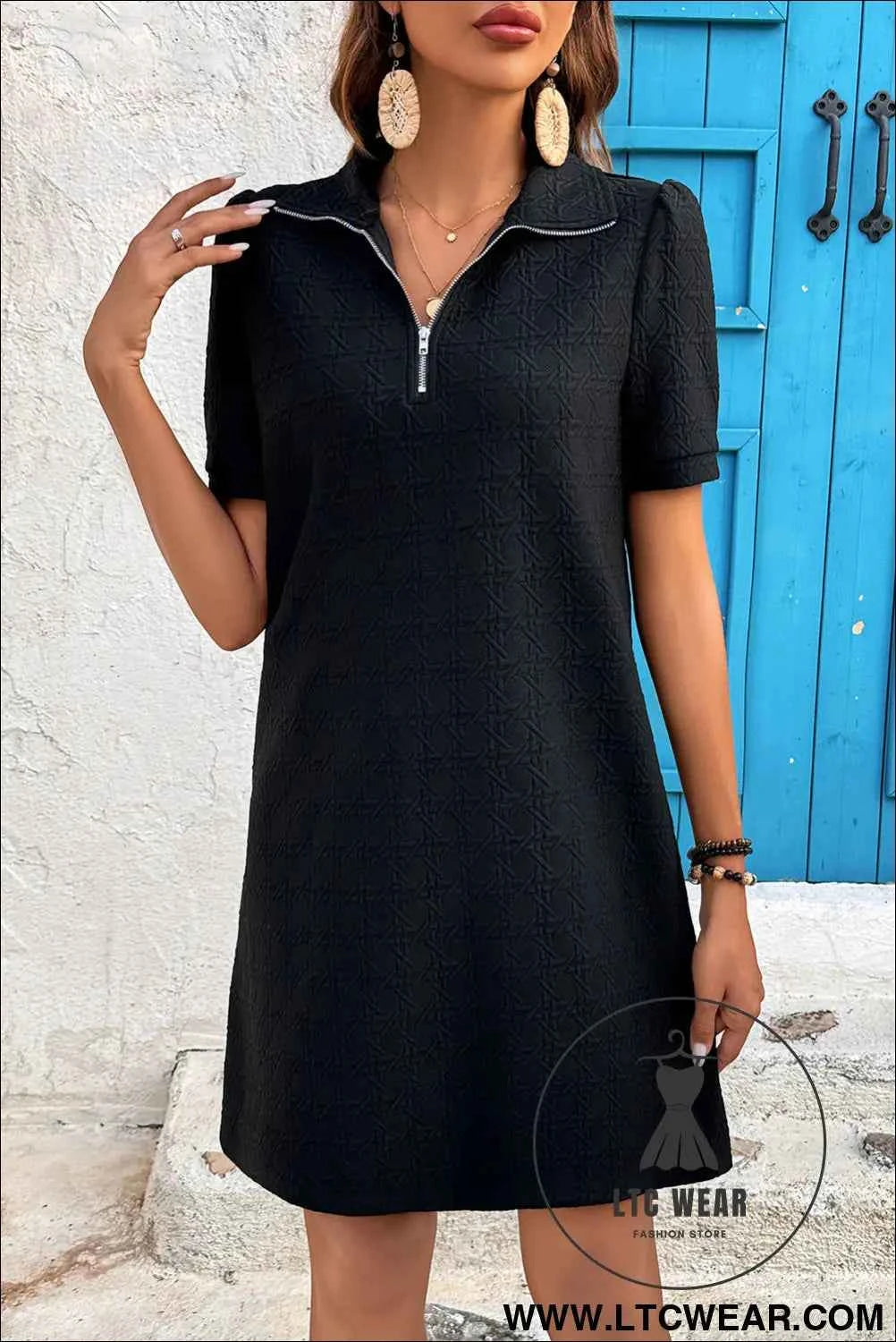 Black Textured Zipped Collar T Shirt Dress