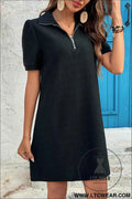 Black Textured Zipped Collar T Shirt Dress