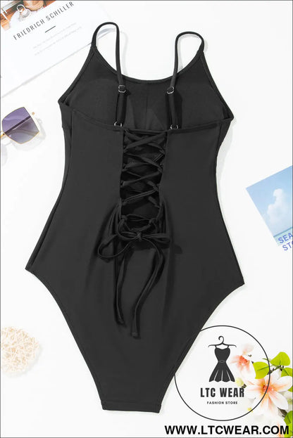 Black Thin Strap Strappy Lace-up Backless One Piece Swimsuit - L.T.C Wear Online Fashion Store