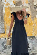 Black v neck flutter sleeve smocked bodice high waist ruffle maxi dress - midi dresses