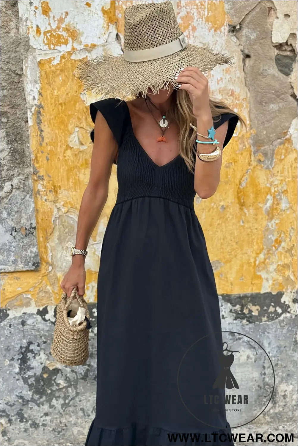 Black v neck flutter sleeve smocked bodice high waist ruffle maxi dress - midi dresses