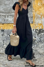 Black v neck flutter sleeve smocked bodice high waist ruffle maxi dress - midi dresses