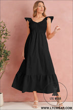 Black v neck flutter sleeve smocked bodice high waist ruffle maxi dress - midi dresses