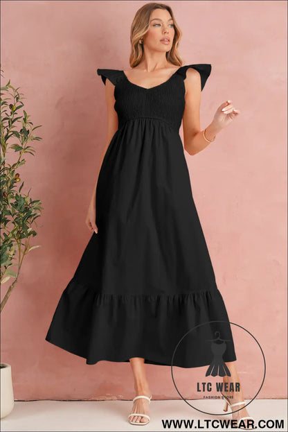 Black v neck flutter sleeve smocked bodice high waist ruffle maxi dress - midi dresses