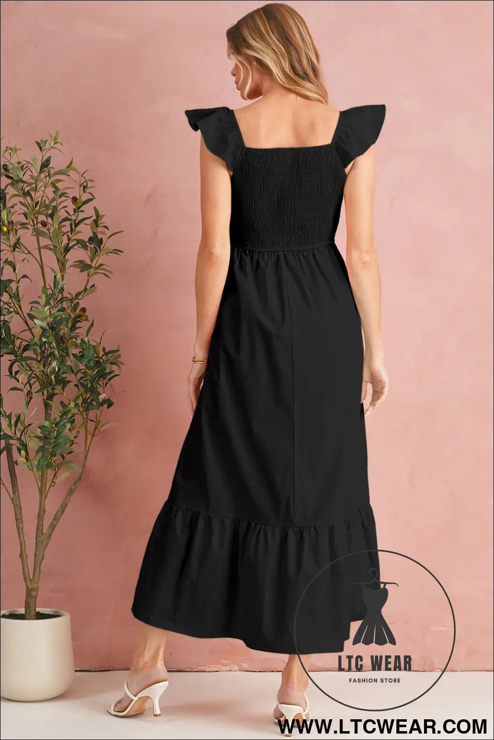 Black v neck flutter sleeve smocked bodice high waist ruffle maxi dress - midi dresses