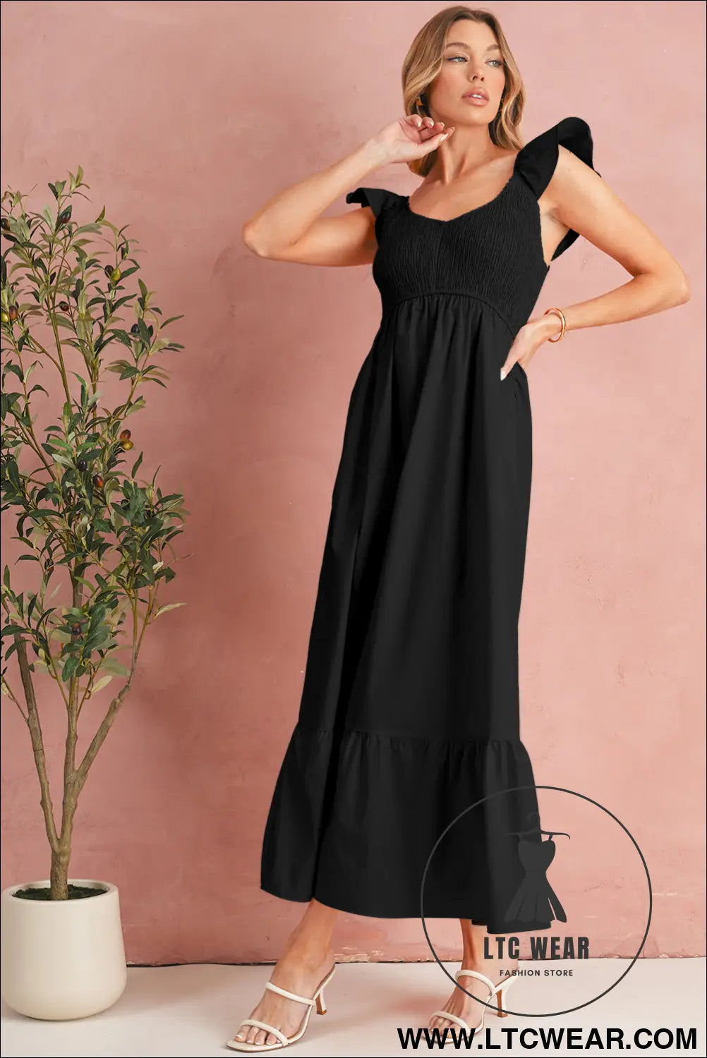 Black v neck flutter sleeve smocked bodice high waist ruffle maxi dress - midi dresses