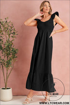 Black v neck flutter sleeve smocked bodice high waist ruffle maxi dress - midi dresses