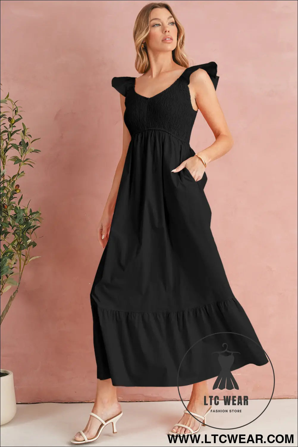 Black v neck flutter sleeve smocked bodice high waist ruffle maxi dress - black / l / 100% cotton - midi dresses