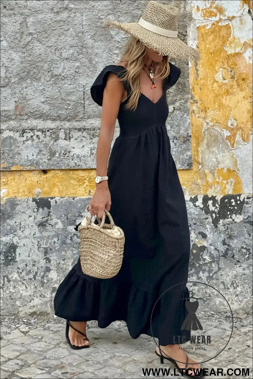 Black v neck flutter sleeve smocked bodice high waist ruffle maxi dress - midi dresses