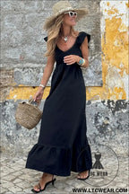 Black v neck flutter sleeve smocked bodice high waist ruffle maxi dress - midi dresses