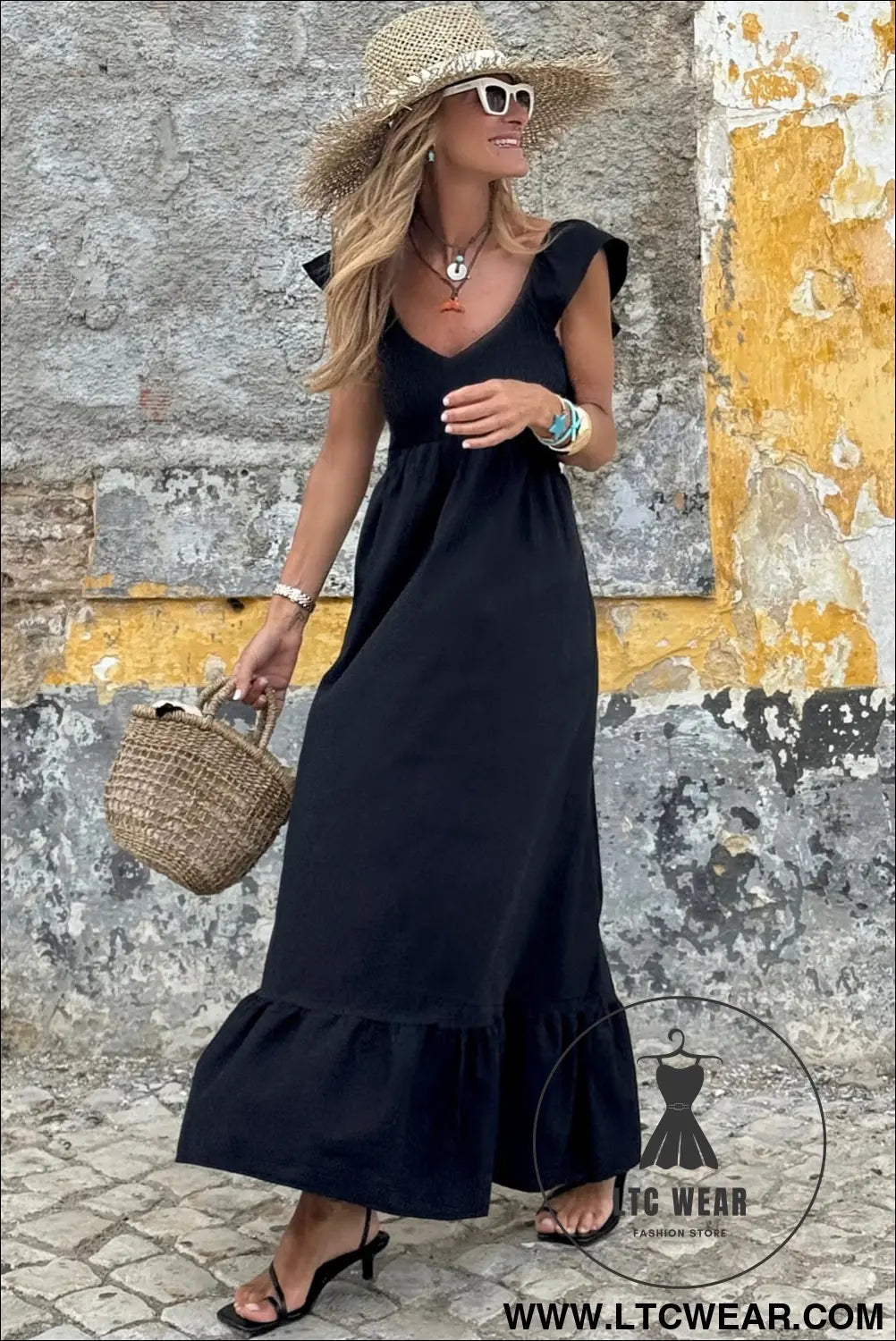 Black v neck flutter sleeve smocked bodice high waist ruffle maxi dress - midi dresses