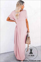 Black V Neck Hidden Pocket Splits Maxi T-shirt Dress