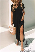 Black V Neck Hidden Pocket Splits Maxi T-shirt Dress