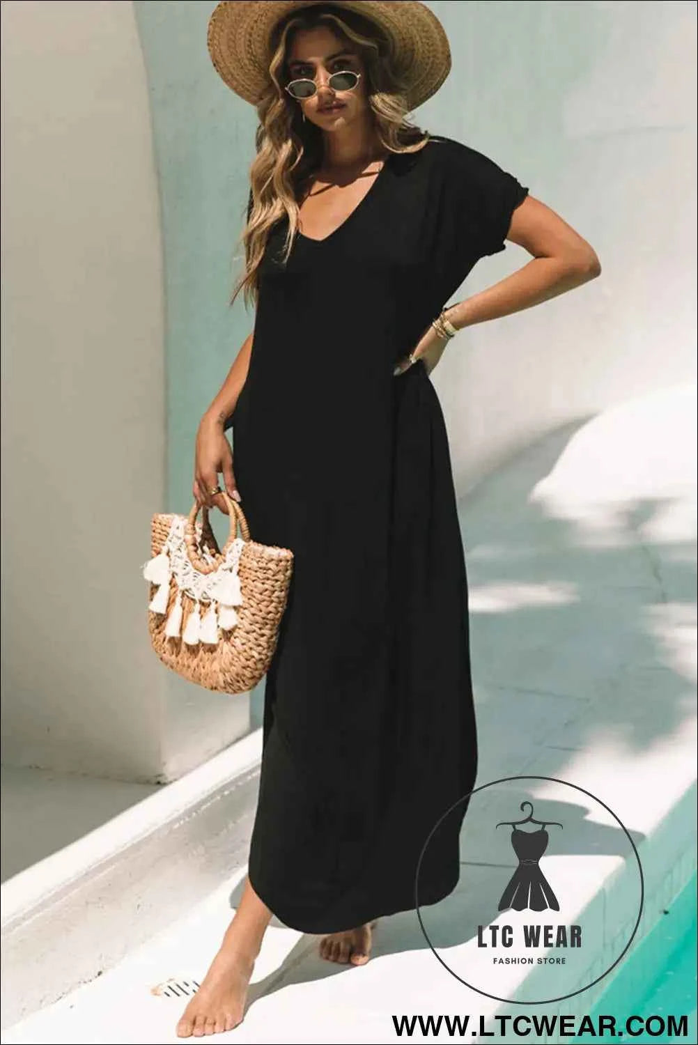 Black V Neck Hidden Pocket Splits Maxi T-shirt Dress