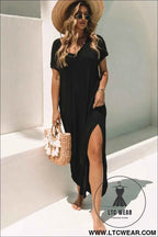 Black V Neck Hidden Pocket Splits Maxi T-shirt Dress