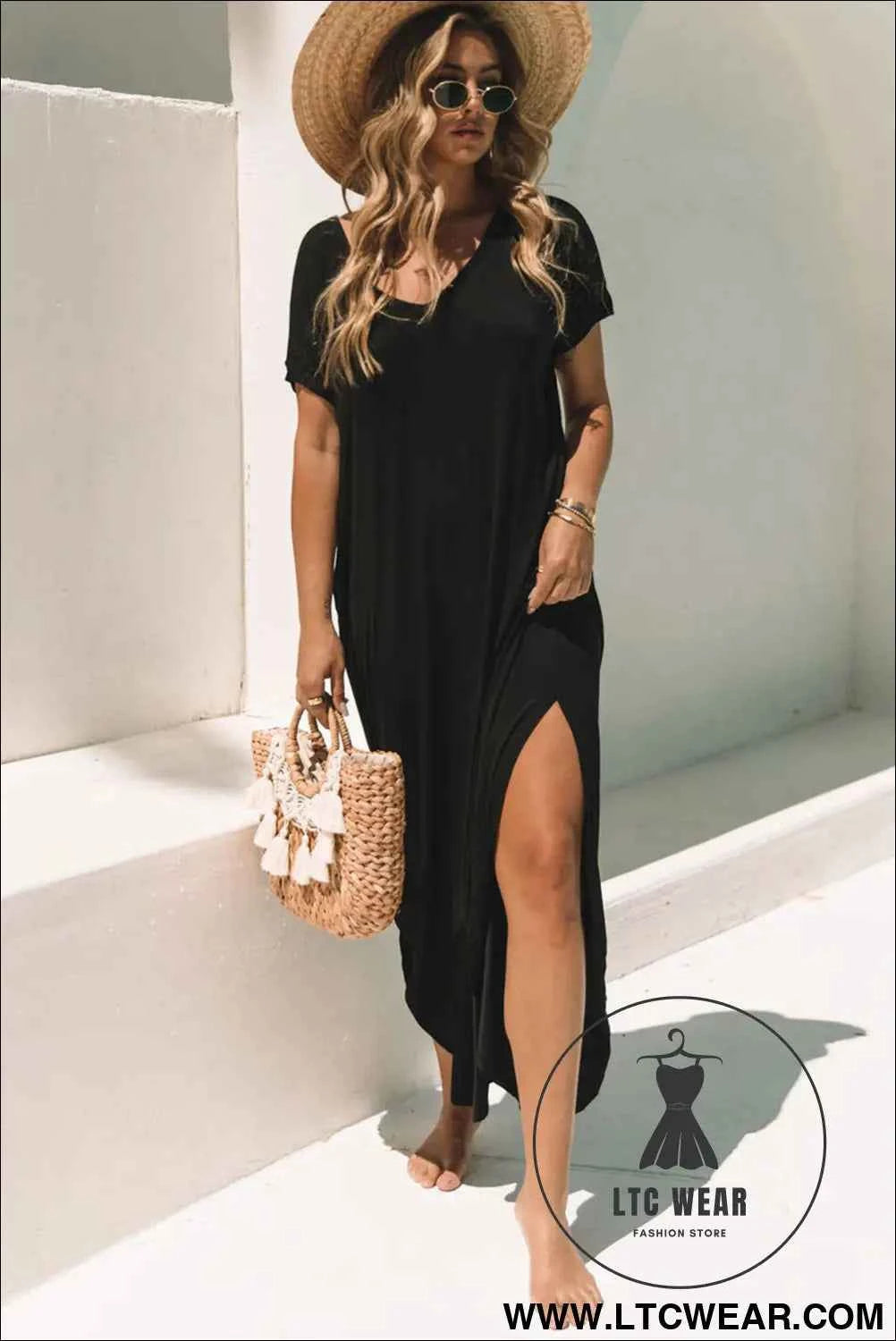Black V Neck Hidden Pocket Splits Maxi T-shirt Dress