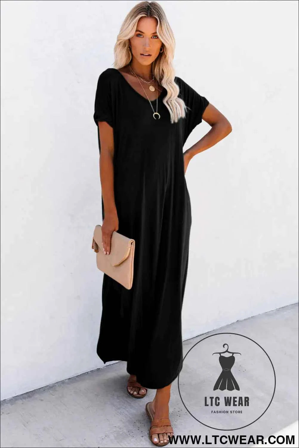 Black V Neck Hidden Pocket Splits Maxi T-shirt Dress