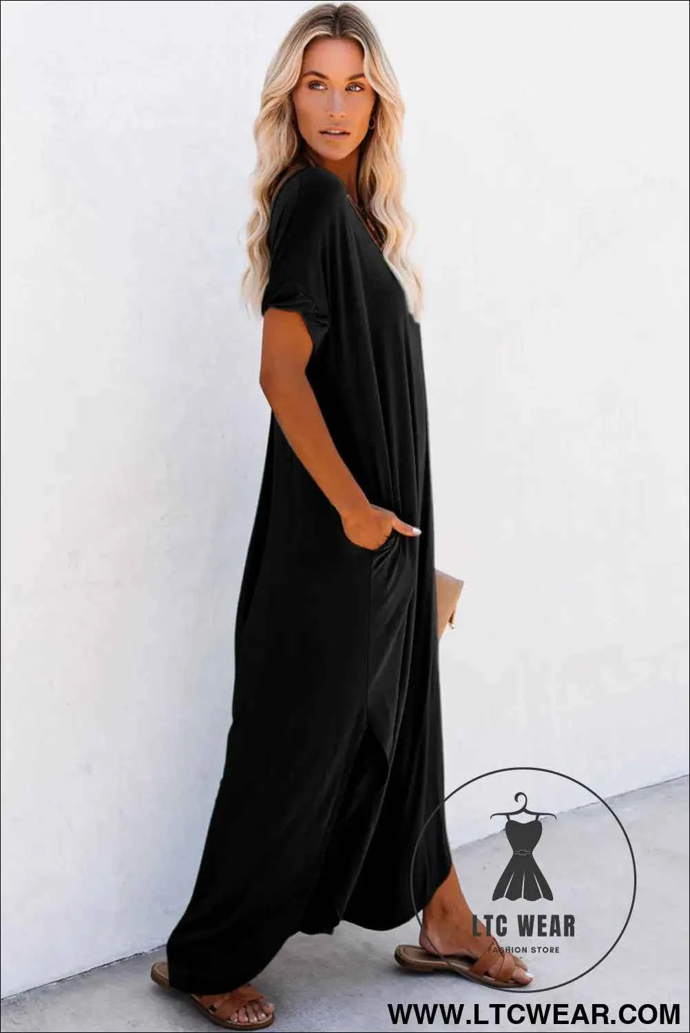 Black V Neck Hidden Pocket Splits Maxi T-shirt Dress