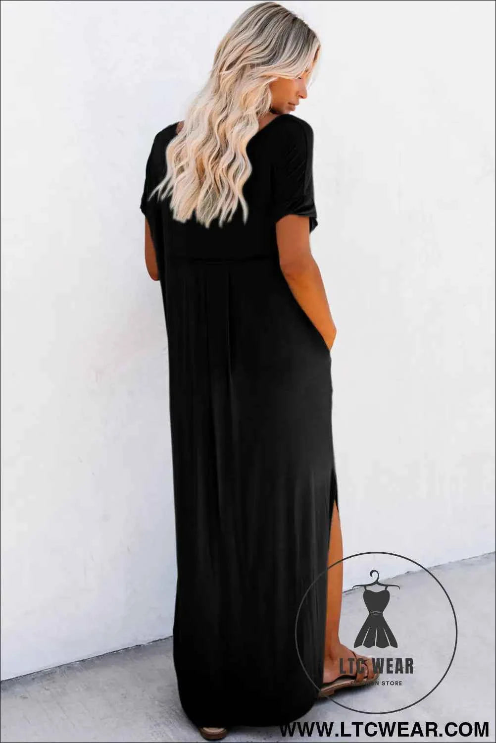 Black V Neck Hidden Pocket Splits Maxi T-shirt Dress