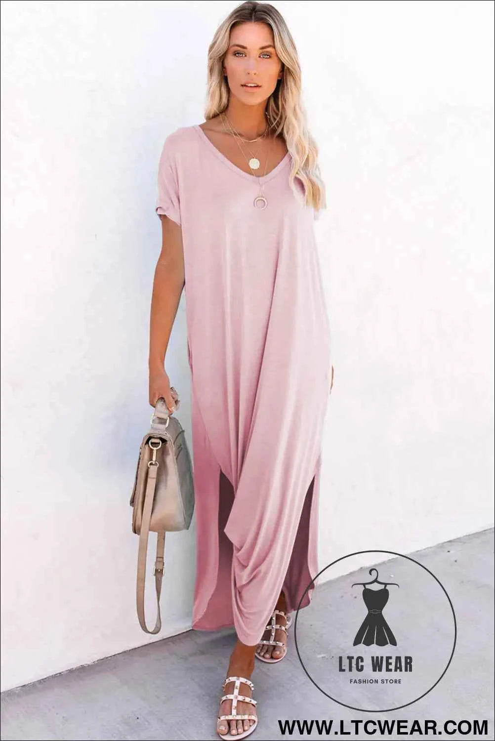 Black V Neck Hidden Pocket Splits Maxi T-shirt Dress