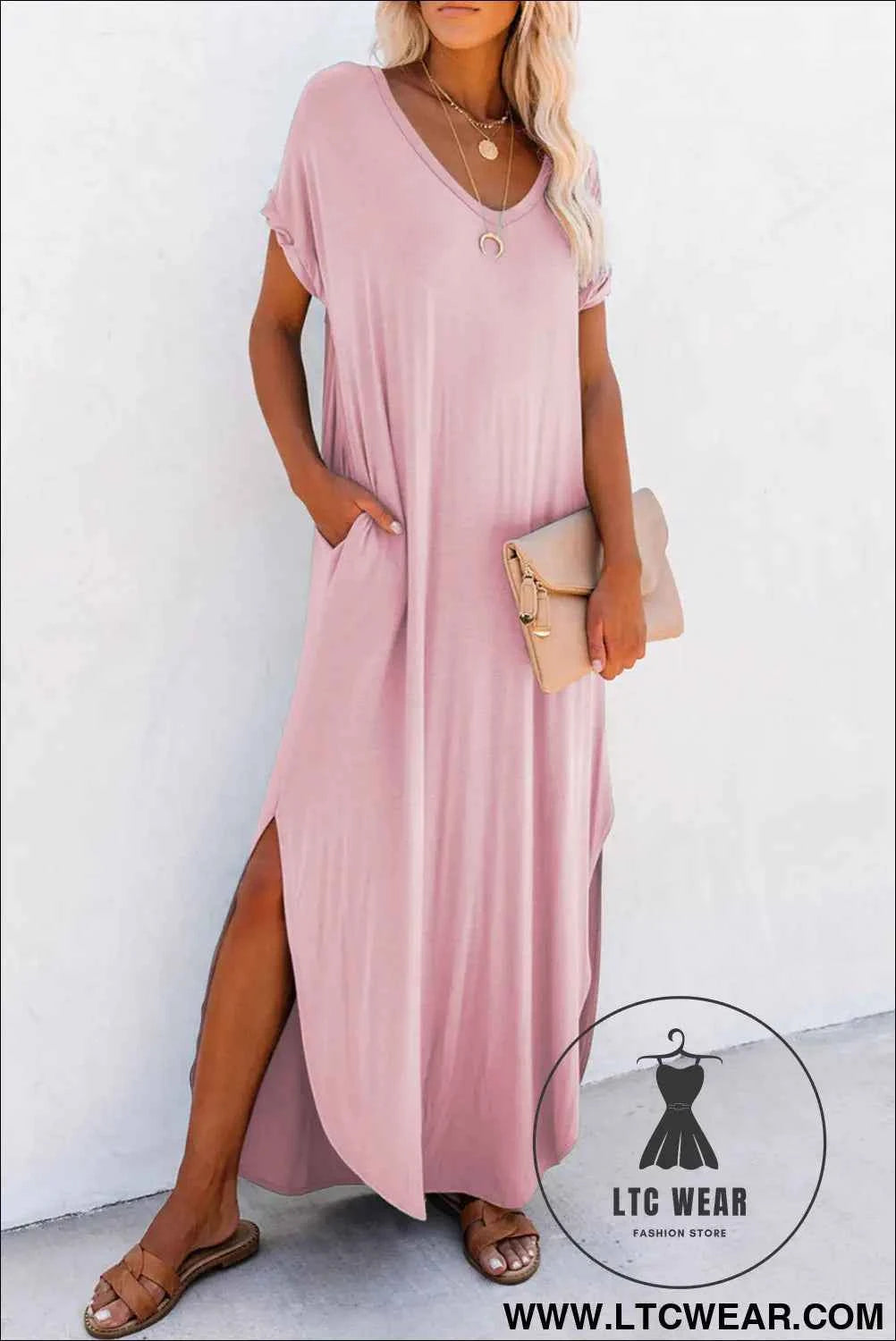 Black V Neck Hidden Pocket Splits Maxi T-shirt Dress
