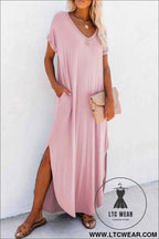 Black V Neck Hidden Pocket Splits Maxi T-shirt Dress