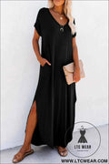 Black V Neck Hidden Pocket Splits Maxi T-shirt Dress