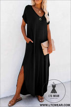 Black V Neck Hidden Pocket Splits Maxi T-shirt Dress