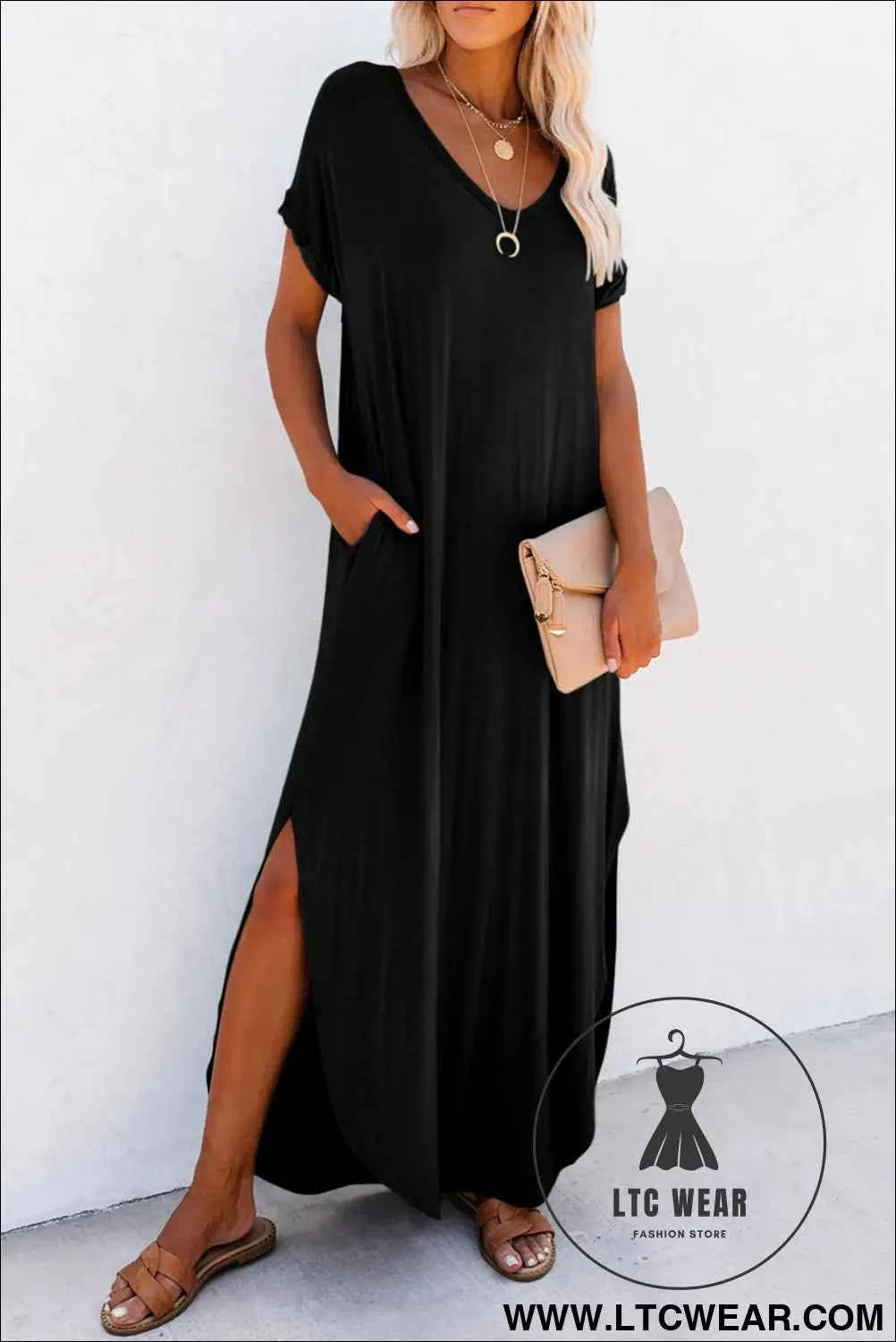 Black V Neck Hidden Pocket Splits Maxi T-shirt Dress
