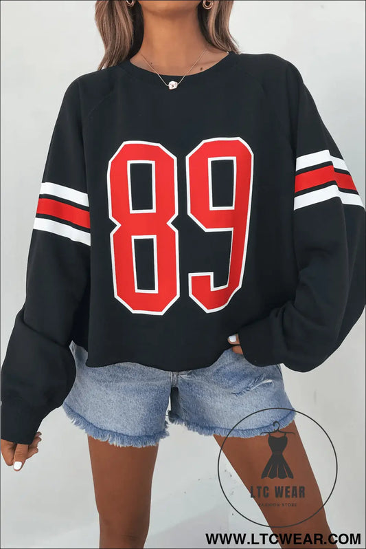 Black Varsity Spirit Striped 89 Graphic Casual Sweatshirt