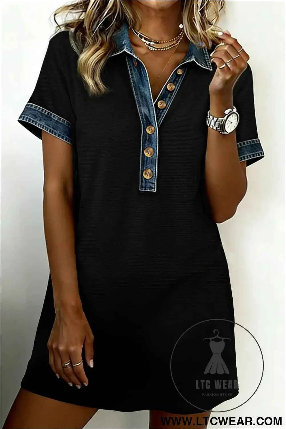 Black Waffle Knit Patchwork Tee Dress with Denim Trim