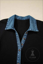 Black Waffle Knit Patchwork Tee Dress with Denim Trim