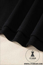 Black Waffle Knit Patchwork Tee Dress with Denim Trim