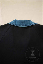 Black Waffle Knit Patchwork Tee Dress with Denim Trim
